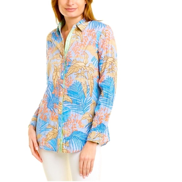 J. McLaughlin Tops - J. McLaughlin Lois Shirt Blue Tropical Palm Print Button Down Green Stripe Tan S